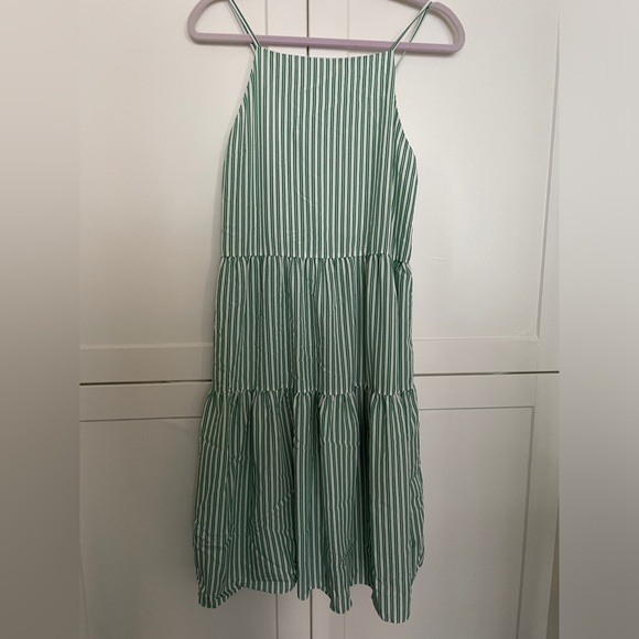 & Other Stories gathered pleated midi dress in green and white stripes - Picture 3 of 6